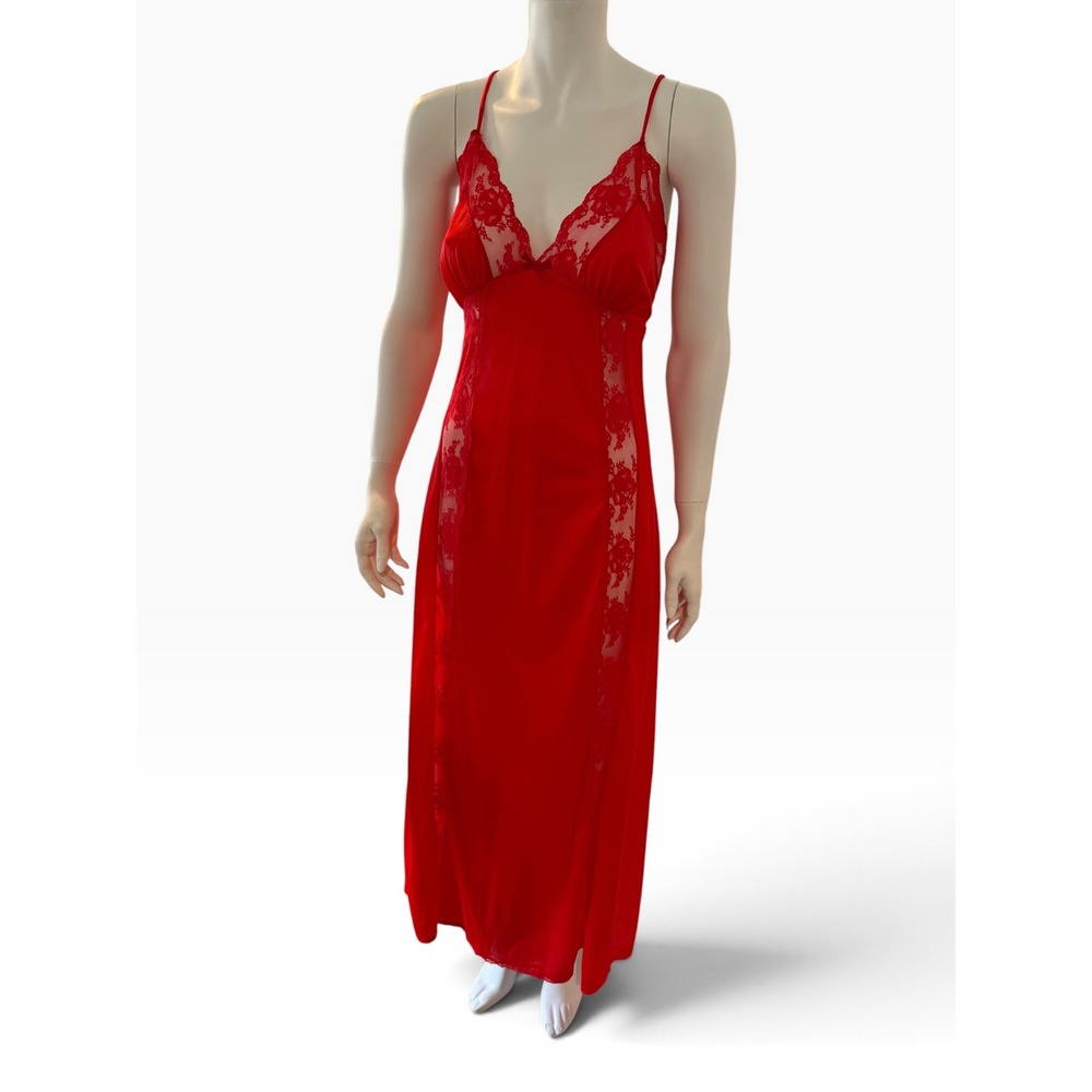 Vintage Nancy King Red Nylon Satin Lace Trim Nightgown Chemise Large USA Made